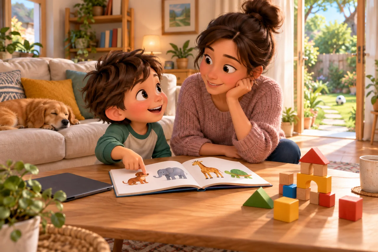 Una famiglia che sceglie tra un tablet, un libro e il gioco all'aperto