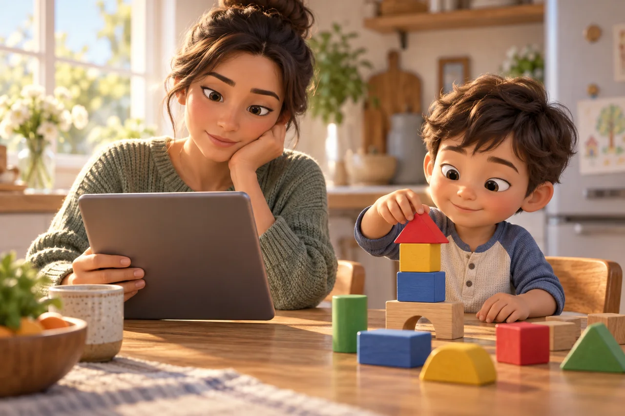 Un genitore che controlla un tablet mentre un bambino costruisce con forme di legno