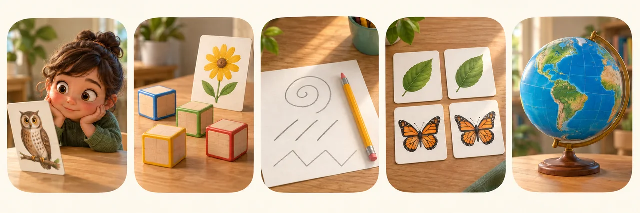 자연 질문, 철자, 글씨 쓰기, 그림 맞추기, 지구본을 나타내는 다섯 개의 일러스트 활동 코너