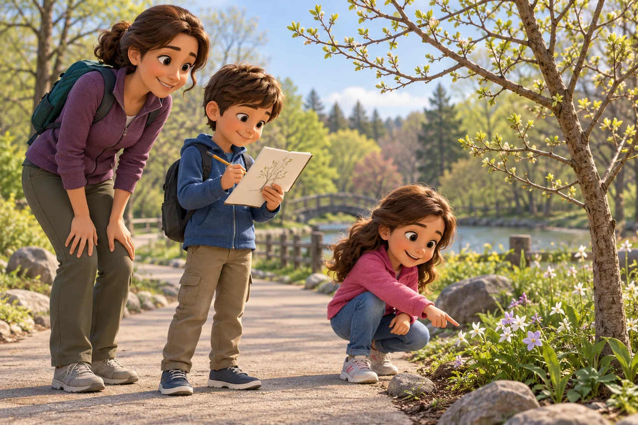 Una famiglia su un sentiero del parco nota rami in gemma e piante in fiore mentre un bambino disegna.