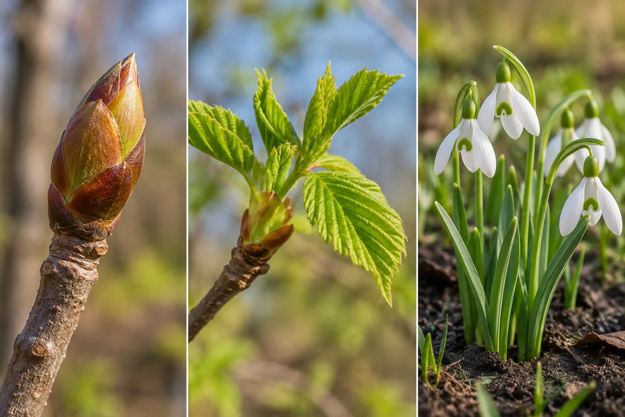 Closes realistas de brotos presos às árvores, folhas nascendo e flores da primavera crescendo no lugar.