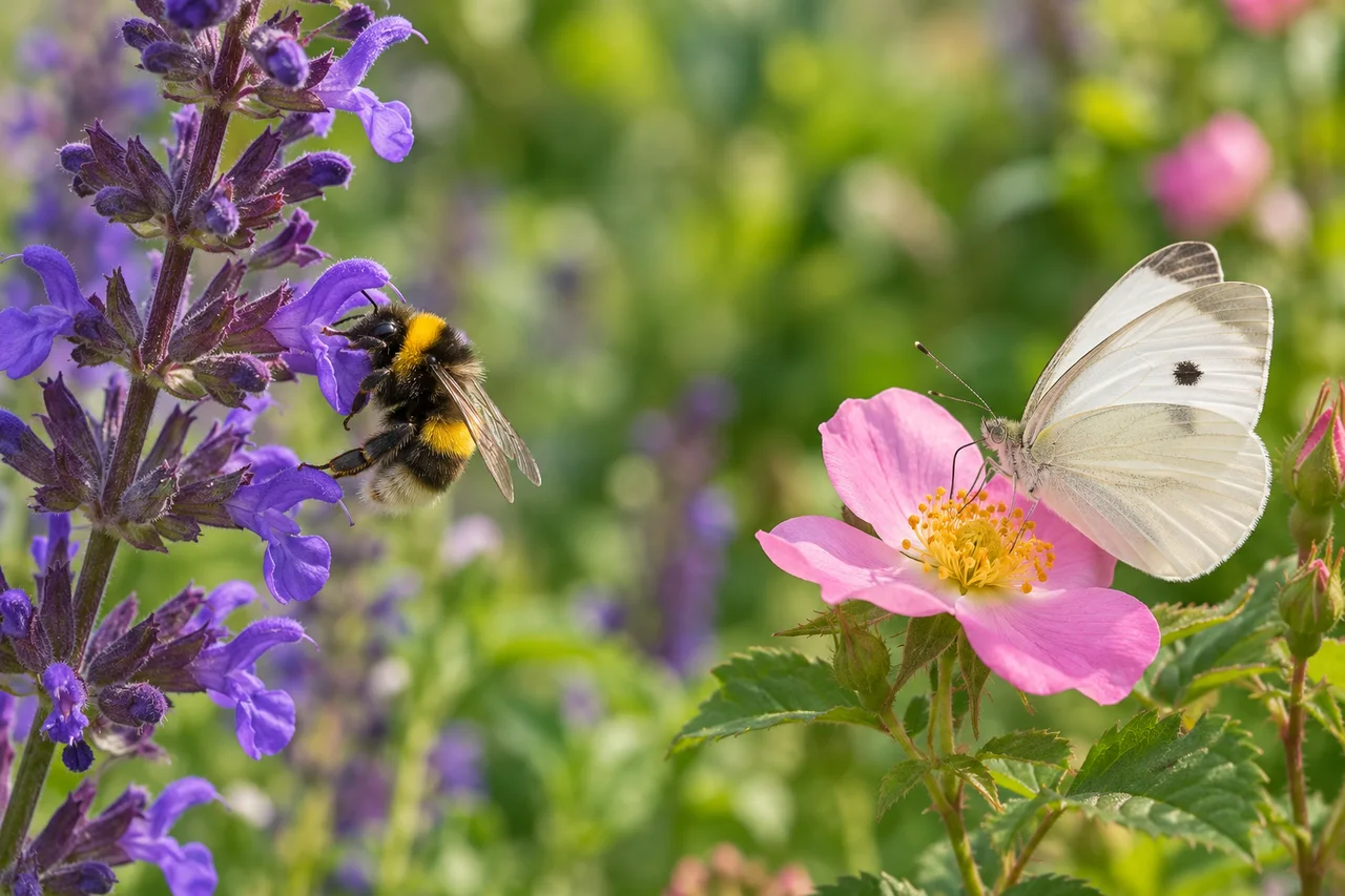 Uma abelha e uma borboleta visitam flores intactas, cada uma na sua, num jardim na primavera.