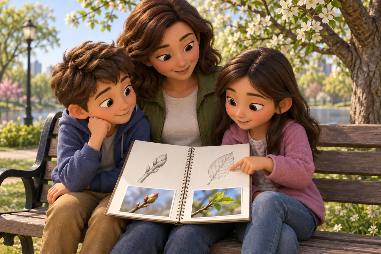 Uma família compara desenhos a lápis e fotografias num banco de parque ao lado de uma árvore florida e viva.