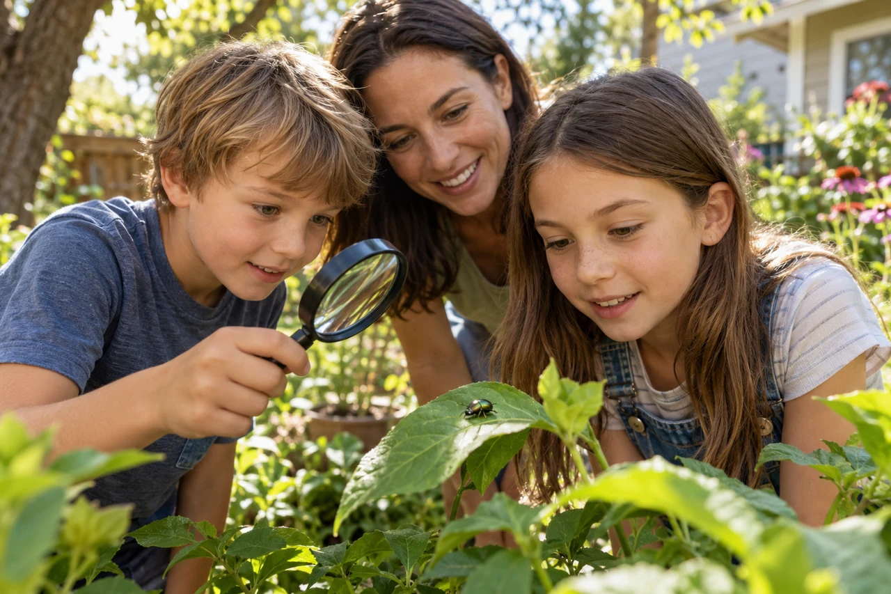 Bambini e un adulto osservano uno scarabeo su una foglia in giardino senza toccarlo