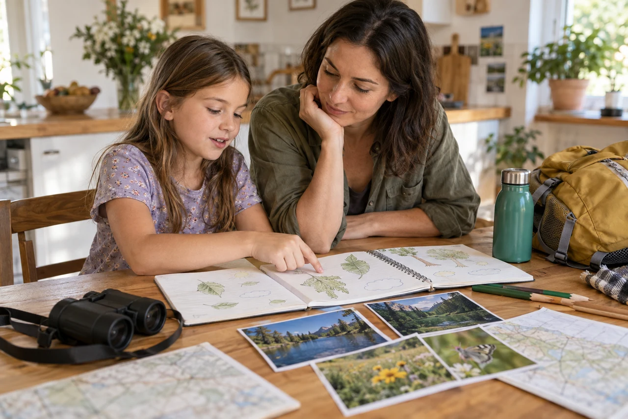 Um adulto e uma criança arrumando desenhos e fotos da natureza numa mesa ao lado de uma mochila de passeio pronta