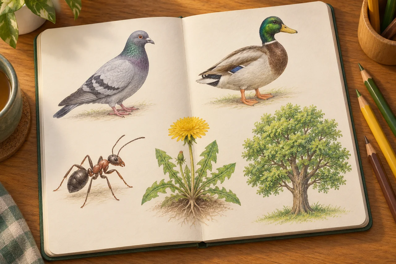 Um caderno de natureza ilustrado com desenhos separados de um pombo, um pato, uma formiga, um dente-de-leão e uma árvore.