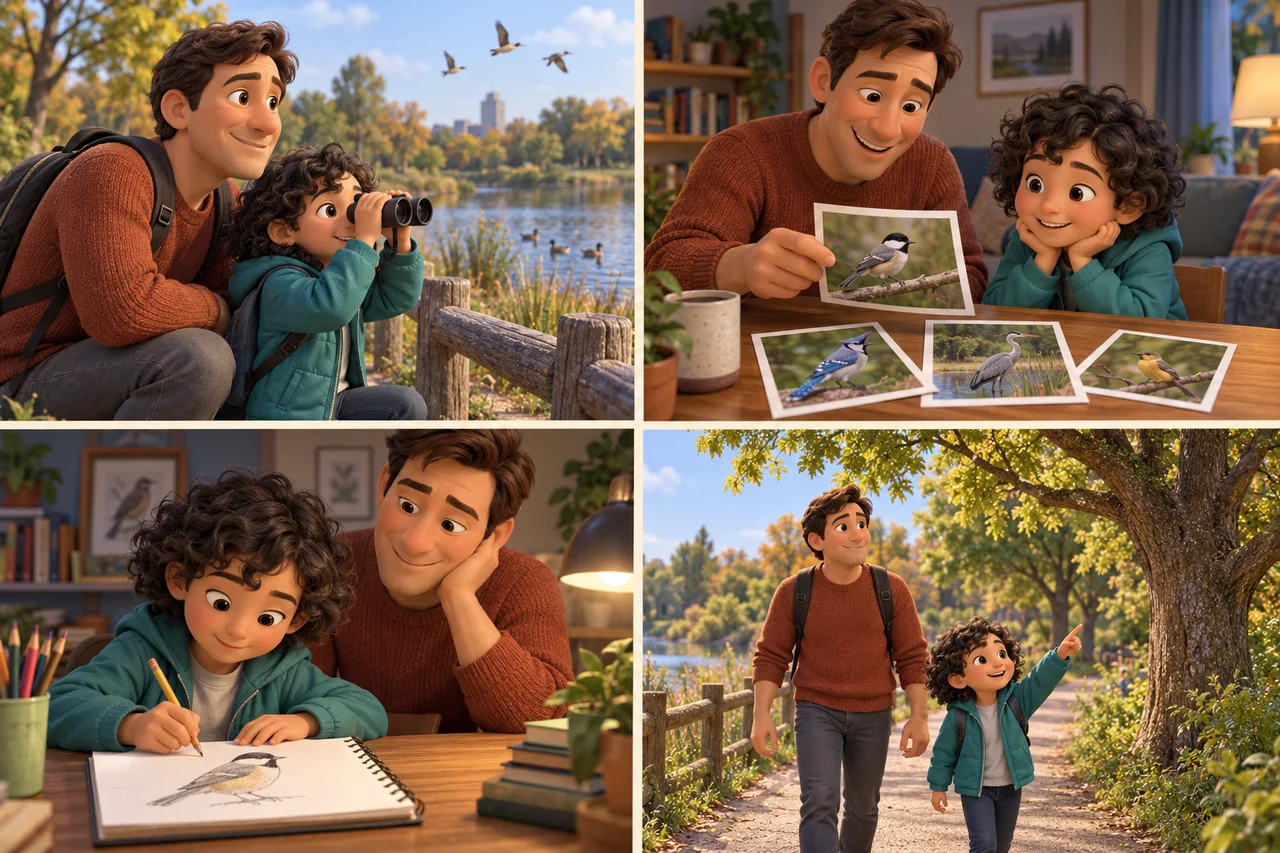 Quatro cenas mostram uma família observando ao ar livre, revendo fotografias, desenhando uma ave e voltando a um parque.