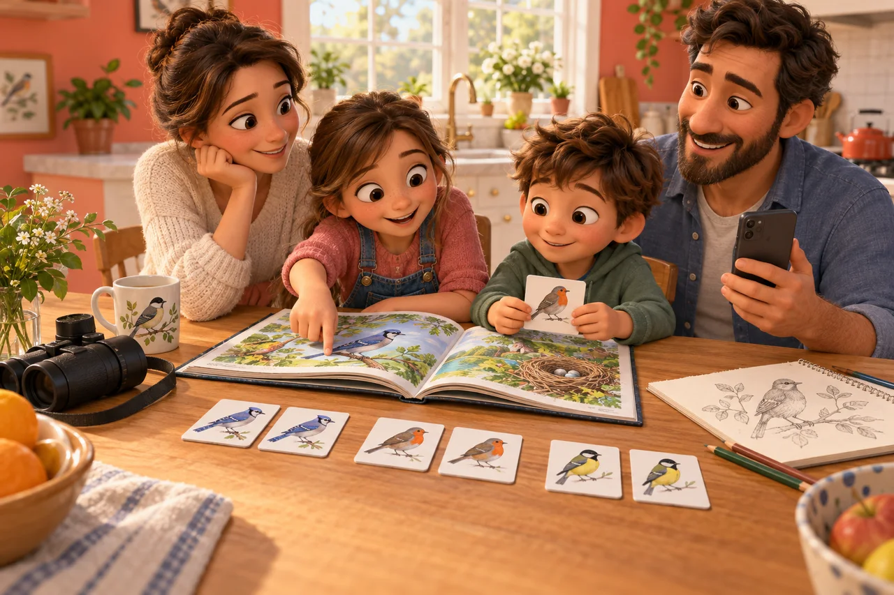 Una famiglia sceglie tra carte con uccelli, un libro di storie e un telefono al tavolo della cucina