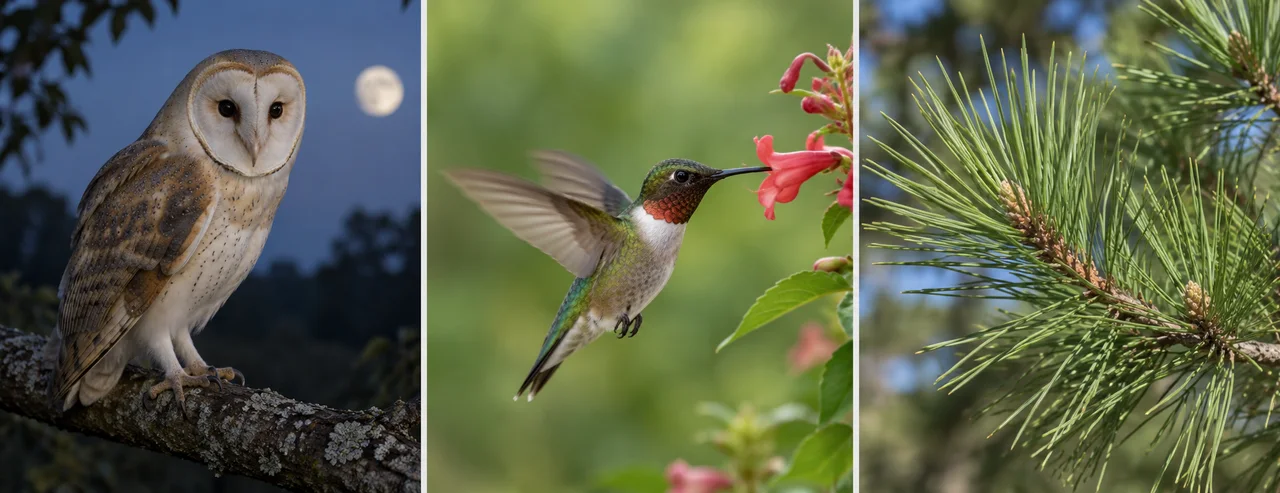 Un barbagianni realistico di notte, un colibrì in volo tra i fiori e un ramo di pino formano tre scene di natura separate.