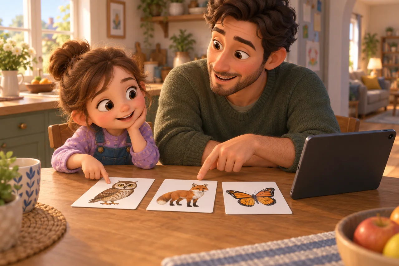 Un bambino e un genitore seduti a un tavolo parlano di carte illustrate di animali accanto a un tablet con lo schermo rivolto altrove.
