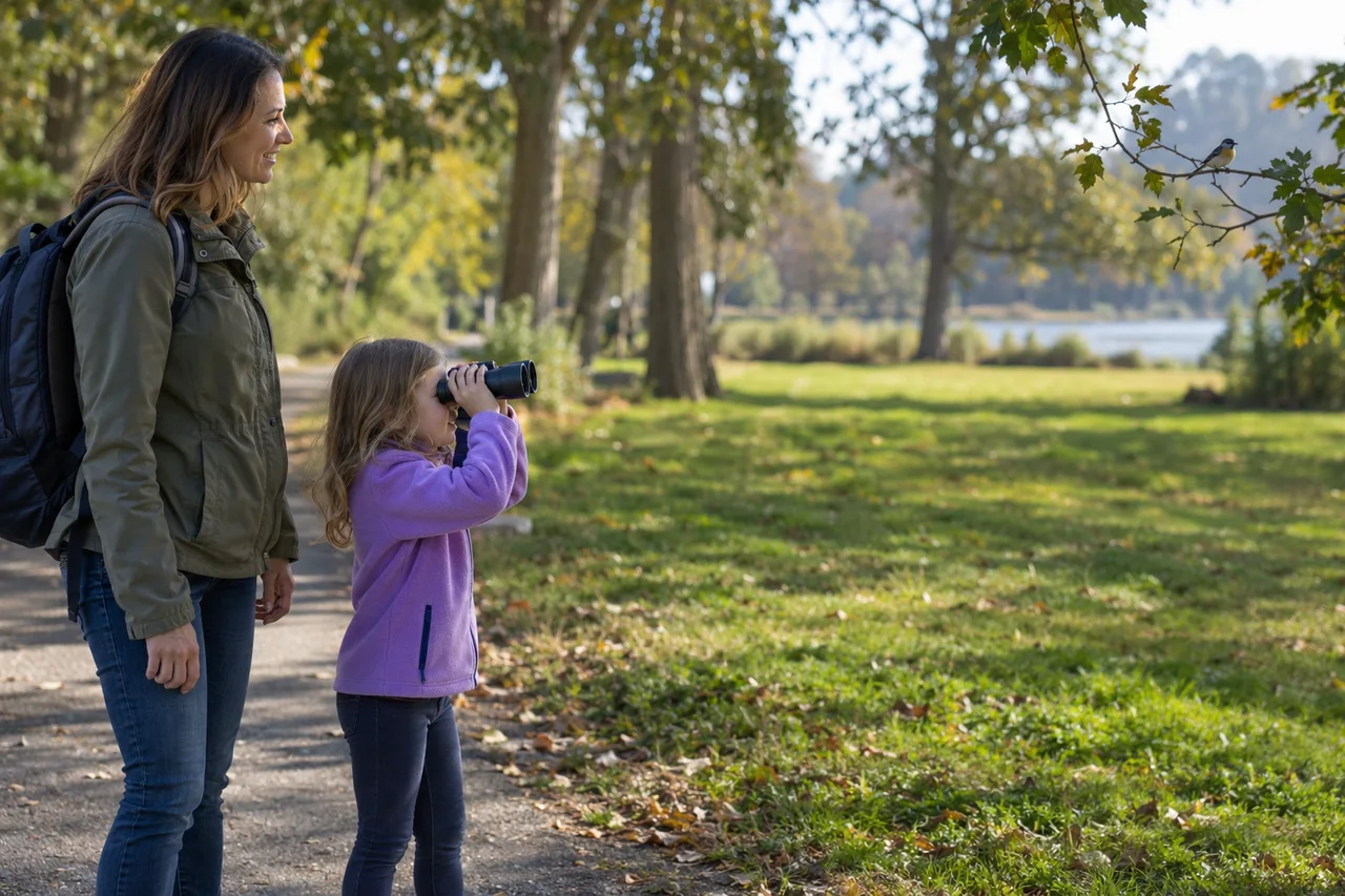 Una famiglia resta sul sentiero del parco mentre un bambino osserva un uccellino con un binocolo tenuto correttamente.