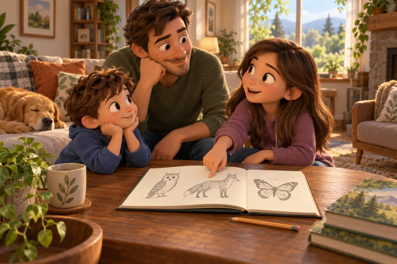 Una famiglia discute idee attorno a un quaderno della natura con semplici disegni di animali e senza testo scritto.
