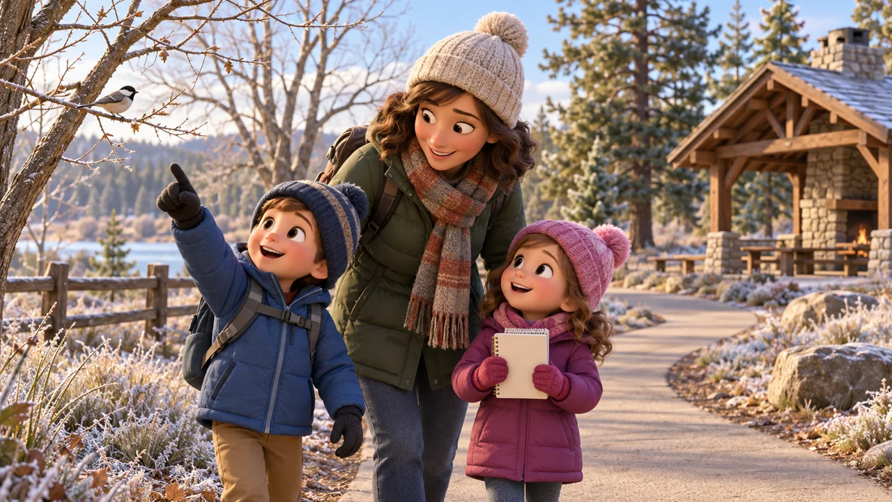 Una famiglia ben coperta sceglie un breve percorso in un parco invernale