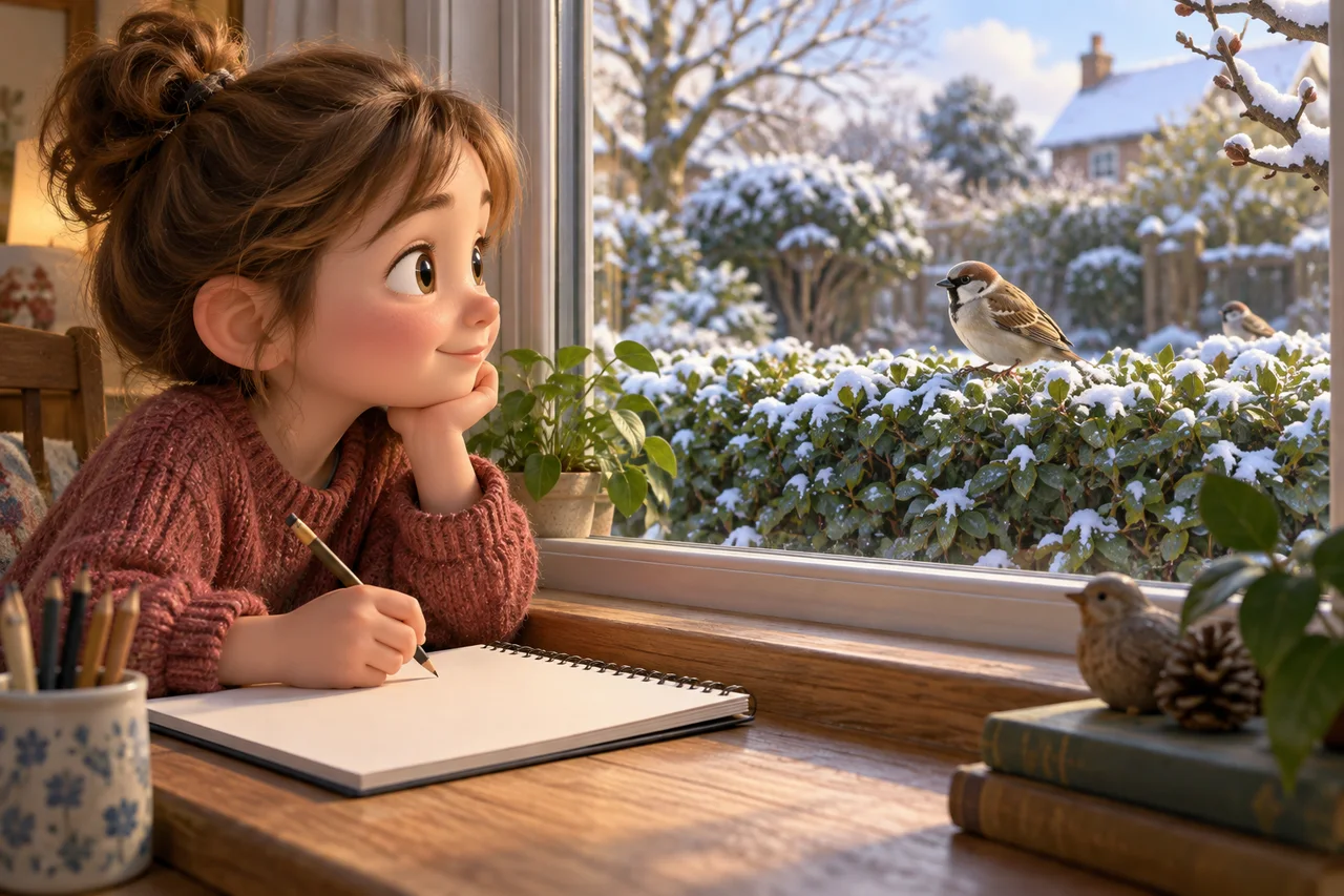 Uma criança observando passarinhos do jardim de uma janela dentro de casa e desenhando-os