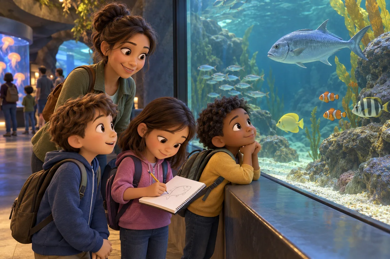 Un adulte et des enfants observent des poissons derrière la vitre d'un aquarium pendant qu'un enfant fait un croquis