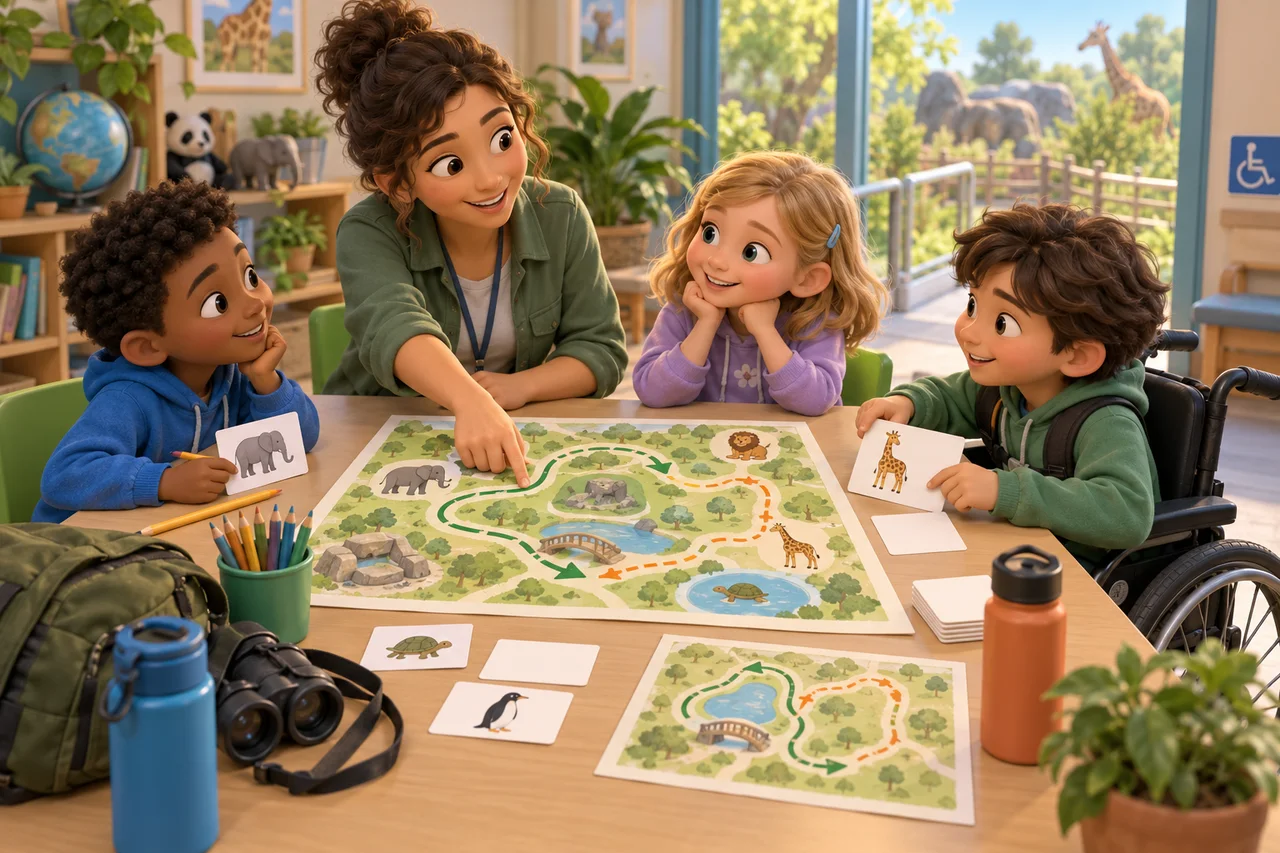 Un enseignant prépare avec des enfants, à une table, un court itinéraire accessible avec des cartes illustrées et un plan papier