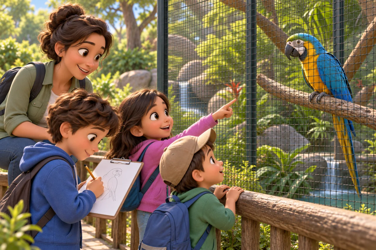Des enfants surveillés comparent un oiseau derrière une barrière de zoo, l'un dessine et l'autre montre son bec du doigt