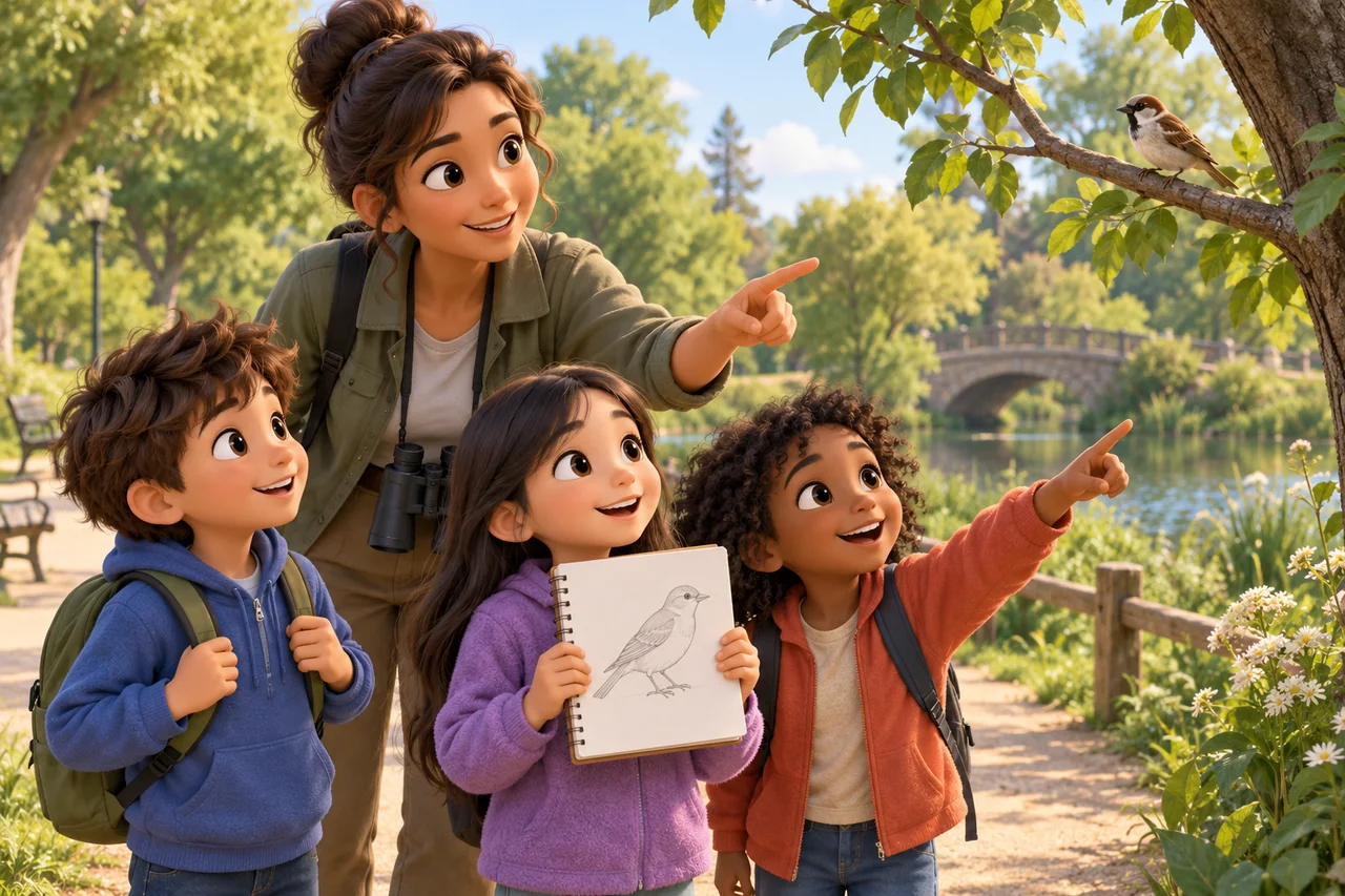 Des enfants et un adulte comparent des croquis du zoo avec des observations d'un oiseau commun depuis un chemin de parc