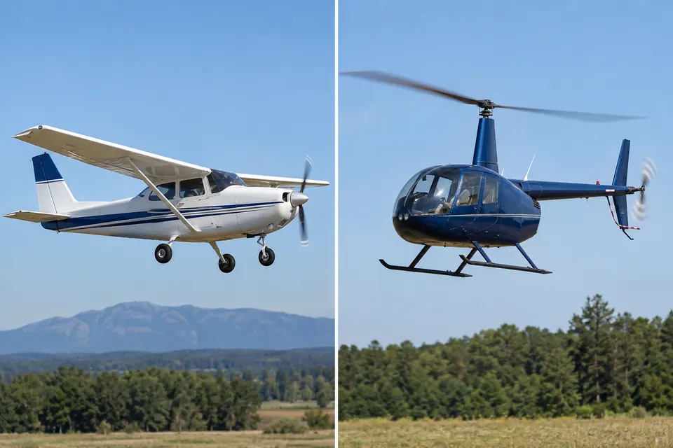 Un aereo a elica ad ala alta accanto a un elicottero azzurro, a confronto tra ali fisse e ruote e un rotore principale, una trave di coda, un rotore di coda e pattini.