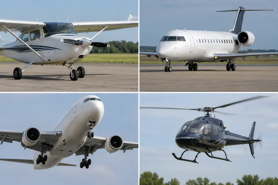 Un piccolo aereo, un jet regionale e un aereo di linea in avvicinamento mostrano le ruote del carrello esposte, mentre un elicottero evidenzia i pattini curvi di atterraggio.