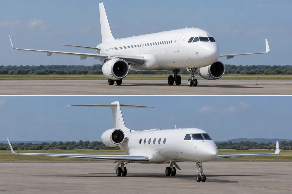 Un jet di linea con i motori sotto le ali è confrontato con un jet più piccolo a coda a T, con le gondole dei motori posizionate sulla parte posteriore della fusoliera.