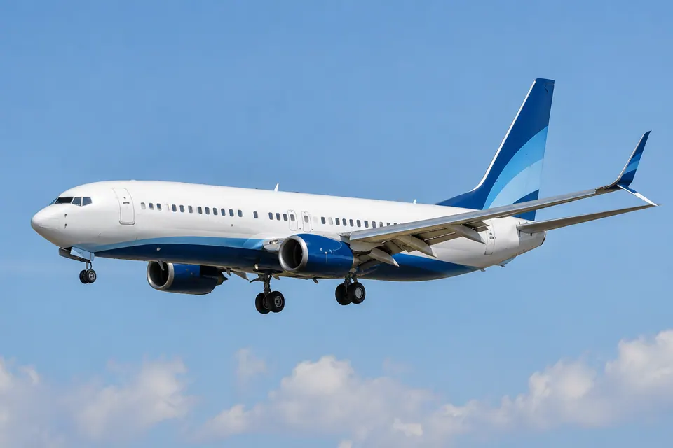Un jet di linea azzurro e bianco in volo, con muso, estremità alare, coda, due gondole motore e carrello abbassato all'interno dell'inquadratura.