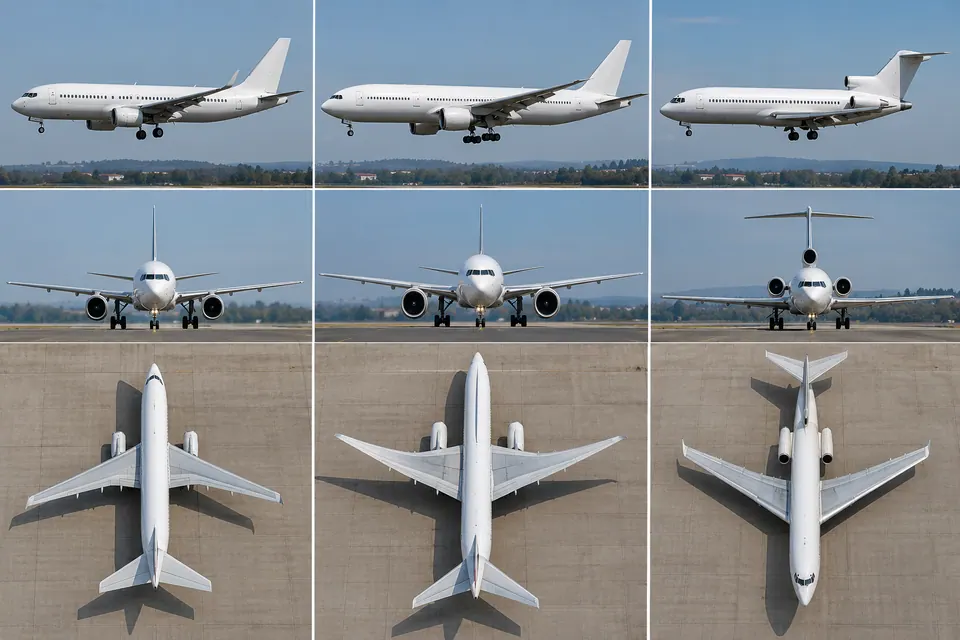 Tre configurazioni di jet di linea in vista laterale, frontale e dall'alto confrontano motori sotto l'ala e code convenzionali con motori posteriori e coda a T.