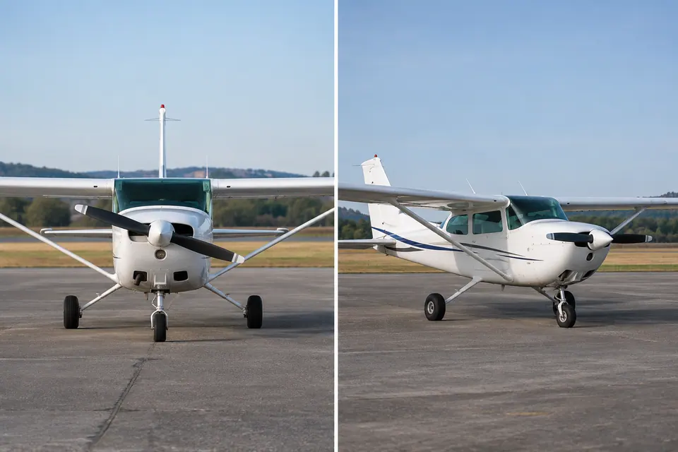 Un piccolo aereo a elica visto direttamente di fronte e da una vista laterale di tre quarti, che nell'inquadratura angolata mostra più fusoliera e coda.