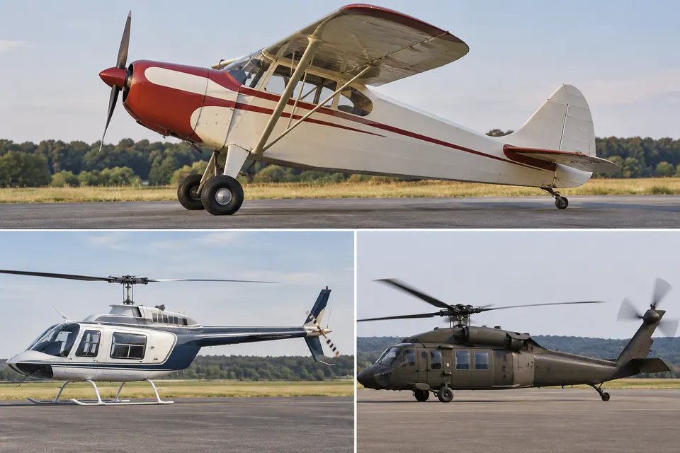 Un aereo a elica ad ala alta con una piccola ruota di coda, in posizione con il muso in alto, sopra due elicotteri, uno su pattini e uno su ruote.