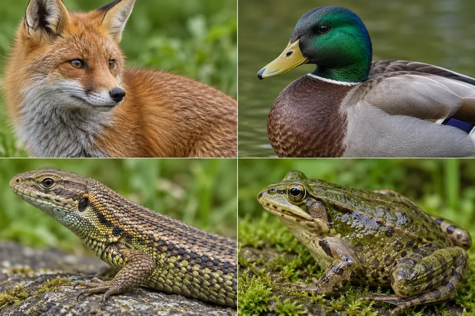 Una volpe, un germano reale, una lucertola e una rana mettono a confronto pelo, piume, squame e pelle liscia.