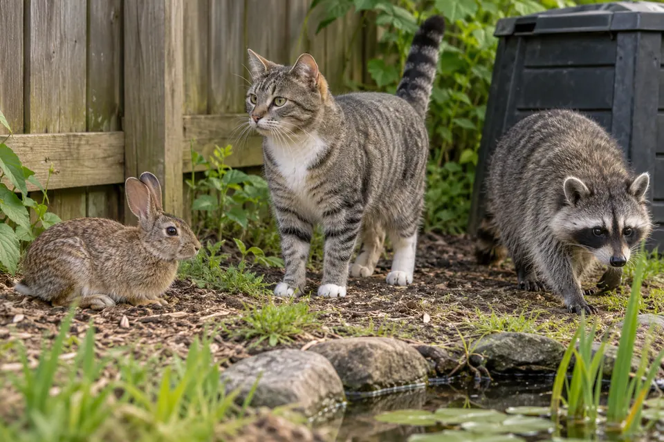 Un coniglio, un gatto e un procione vicino a una recinzione e a uno stagno di giardino mostrano differenze di taglia, postura e forma della coda.
