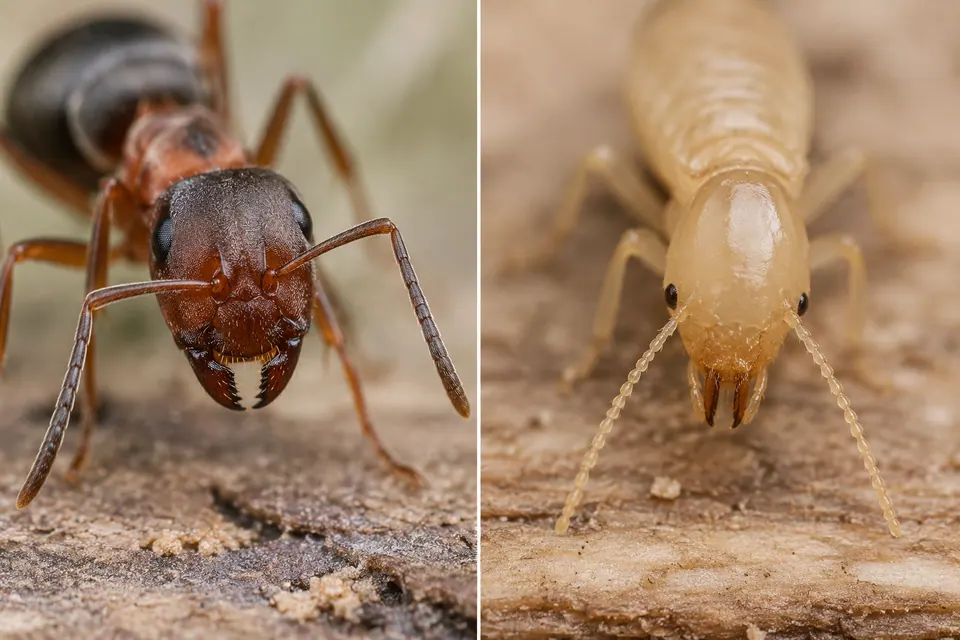 Una formica con antenne nettamente a gomito accanto a una termite chiara con antenne più dritte.
