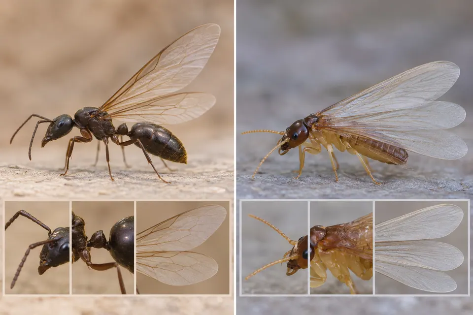 Formica alata e termite con confronti ravvicinati di antenne, vita e lunghezza delle ali.