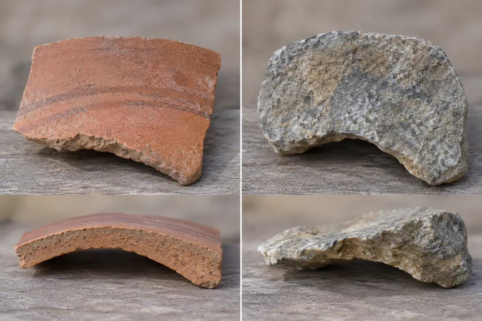 Des vues de face et de la tranche comparent un fragment de poterie rougeâtre et courbe, aux parois d’épaisseur régulière, et une pierre grise irrégulière.