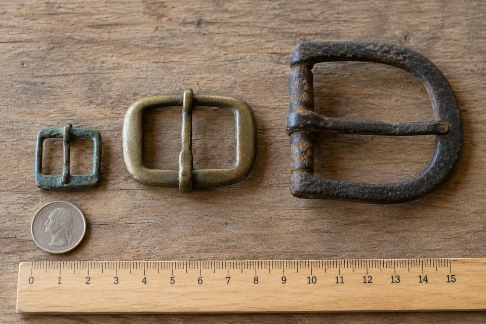 Trois boucles métalliques de tailles différentes reposent à côté d’une règle en bois et d’une pièce de monnaie, leurs contours complets bien visibles.