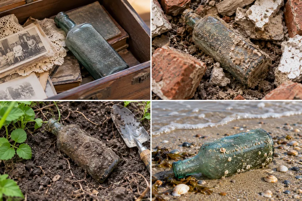 Quatre bouteilles en verre vert apparaissent dans une caisse en bois avec des photographies, parmi des gravats, dans de la terre de jardin et sur une plage de galets.