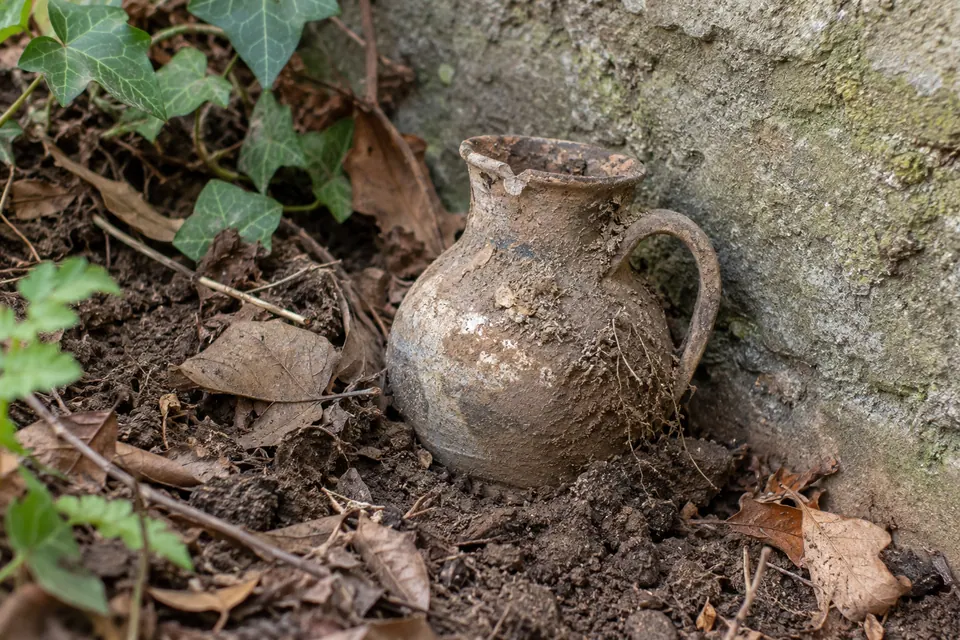 Une cruche à anse ébréchée repose parmi la terre et les feuilles, contre un mur, avec de la poussière sèche et de fines fibres racinaires encore sur sa surface.