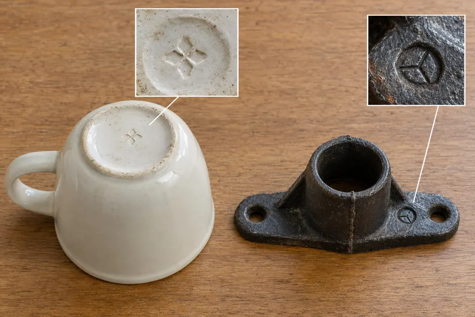La face inférieure d’une tasse en céramique et une ferrure métallique sombre portent de petites marques géométriques, agrandies dans deux encarts de détail assortis.