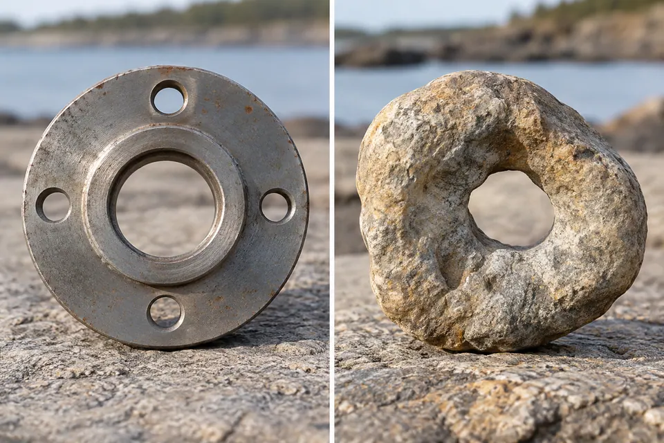 Une ferrure métallique circulaire aux trous de boulons régulièrement espacés, tandis qu’une pierre arrondie voisine présente une ouverture centrale irrégulière.