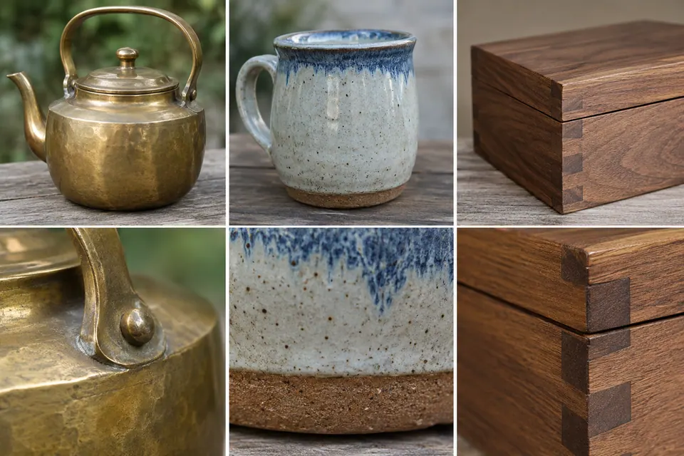 Une bouilloire dorée, une tasse à glaçure bleue et une boîte en bois, avec des gros plans sur la jonction d’anse, la glaçure et les assemblages des angles.