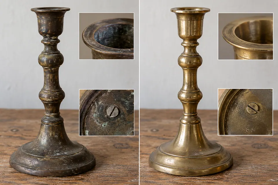 Deux bougeoirs de forme semblable, l’un à finition sombre et l’autre brillante, avec des encarts sur l’intérieur de leur bobèche et sur leurs vis.