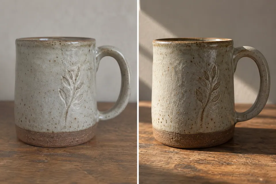 Deux vues de la même tasse pâle montrent son décor de feuille en relief sous une lumière uniforme, puis sous une lumière plus forte venant de côté.