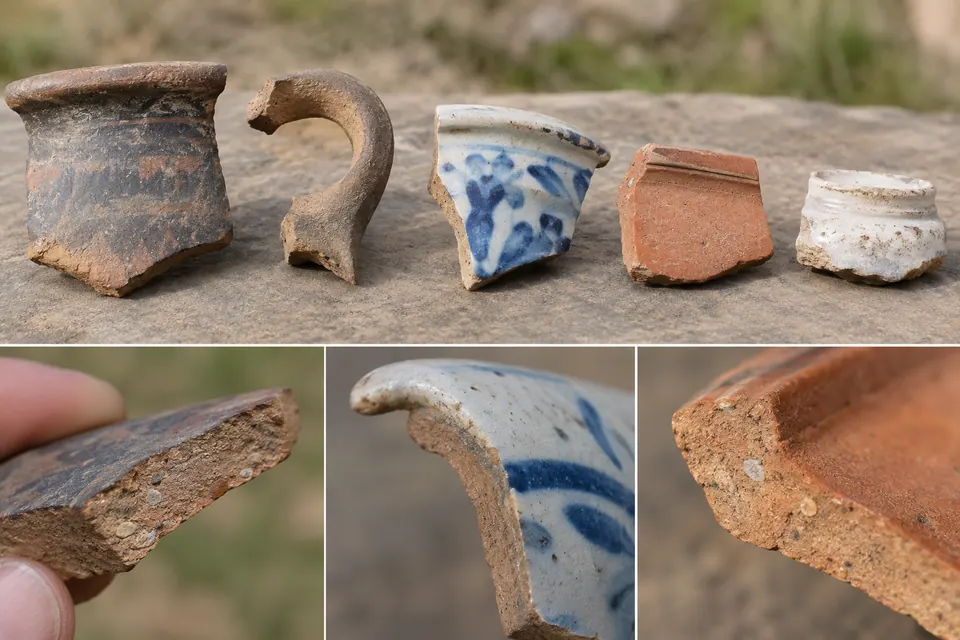 Des fragments de rebord, d’anse et de panse de poterie sont alignés, avec des gros plans montrant la glaçure, la courbure et les cassures granuleuses.
