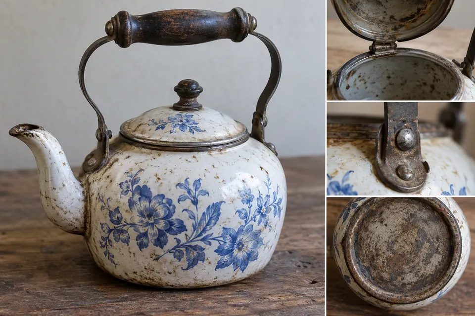 Une bouilloire bleue et blanche à motifs floraux, à la poignée sombre, avec des gros plans sur son couvercle ouvert, le rivet de l’anse et le dessous.