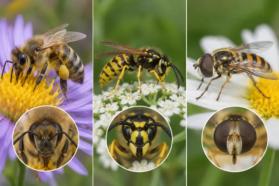 Une abeille, une guêpe et un syrphe, accompagnés de gros plans sur leurs antennes et la forme de leurs yeux.