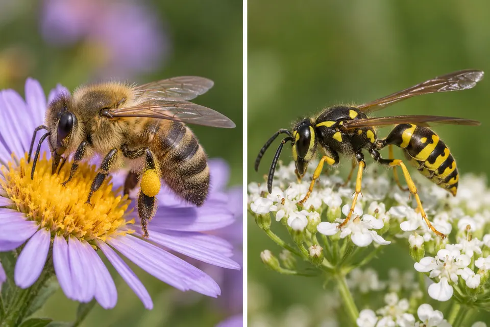 Une abeille trapue chargée de pollen à côté d’une guêpe élancée à la taille nettement fine.