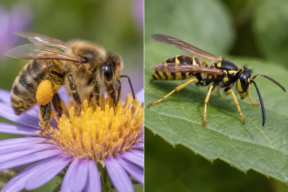 Une abeille velue chargée de pollen à côté d’une guêpe jaune et noire, plus lisse et élancée.