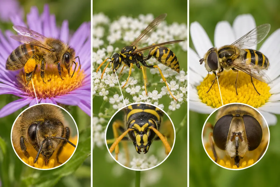 Une abeille, une guêpe et un syrphe visitant des fleurs, avec des détails du visage pour comparer.