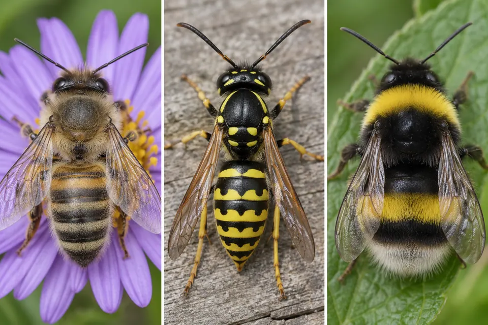 Vues de dessus d’une abeille domestique, d’une guêpe et d’un bourdon, montrant où se trouvent leurs bandes et leurs poils.