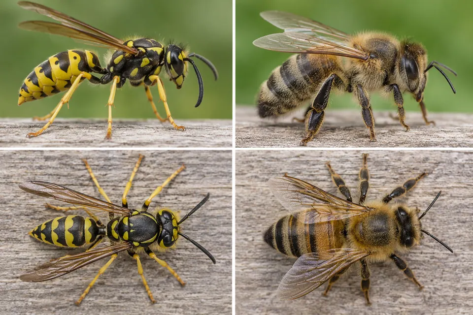 Vues de profil et de dessus comparant la taille fine d’une guêpe au corps plus épais d’une abeille.